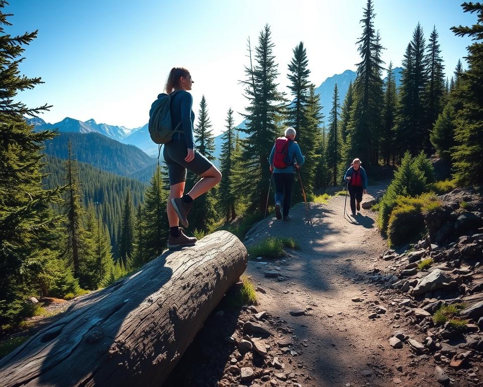 A serene mountain trail, the path winding through lush evergreens. In the foreground, a hiker carefully balances on a fallen log, their body perfectly aligned, exuding tranquility and control. Sunlight filters through the canopy, casting a warm glow on the scene. In the middle ground, two hikers stride confidently, their backpacks and trekking poles in perfect harmony. The background reveals distant peaks, their snow-capped summits reaching towards the azure sky. The composition evokes a sense of balance, strength, and the natural harmony found in the great outdoors.