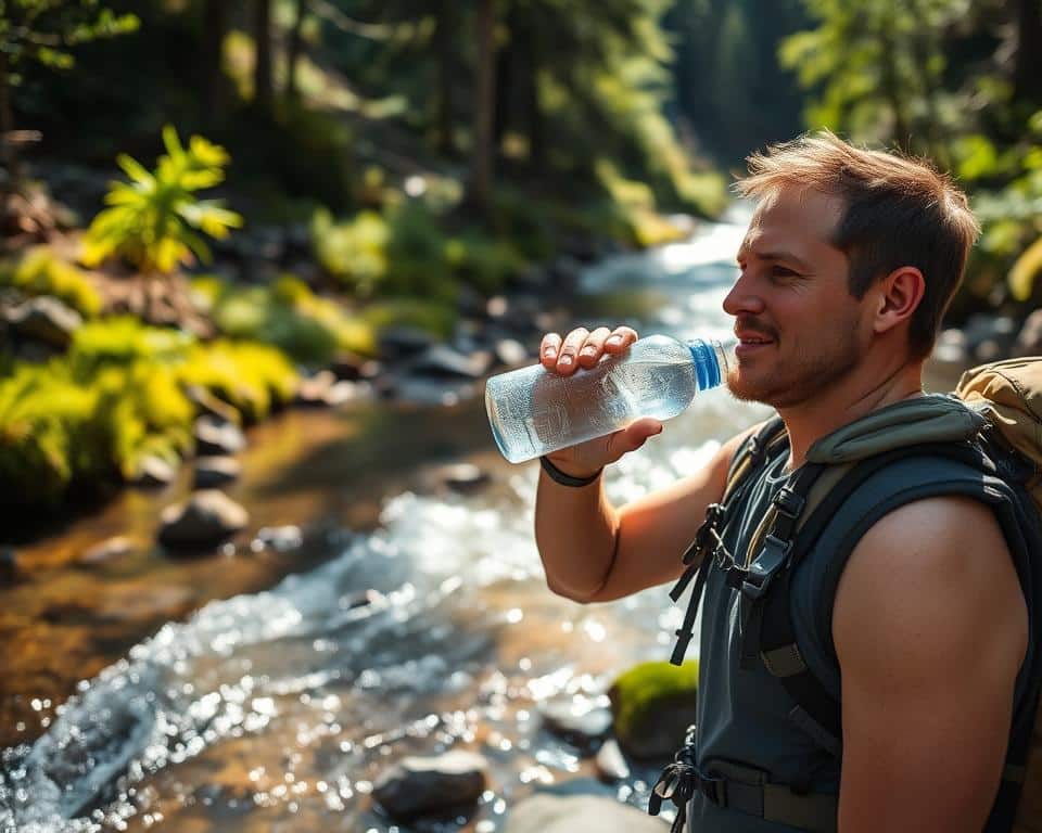 A tranquil mountain stream gently flowing through a lush, verdant forest, sunlight dappling the surface, creating a mesmerizing play of light and shadow. In the foreground, a hiker pauses to refill their water bottle, taking a moment to hydrate and replenish their electrolytes after a strenuous trek. The hiker's expression conveys a sense of relief and rejuvenation, their gear and attire suggesting a seasoned outdoor enthusiast. The scene evokes a sense of balance, harmony, and the importance of staying hydrated during demanding physical activities in nature. A tranquil mountain stream gently flowing through a lush, verdant forest, sunlight dappling the surface, creating a mesmerizing play of light and shadow. In the foreground, a hiker pauses to refill their water bottle, taking a moment to hydrate and replenish their electrolytes after a strenuous trek. The hiker's expression conveys a sense of relief and rejuvenation, their gear and attire suggesting a seasoned outdoor enthusiast. The scene evokes a sense of balance, harmony, and the importance of staying hydrated during demanding physical activities in nature.