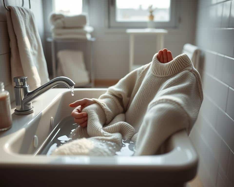 A well-lit, high-quality photograph of a person carefully hand-washing a merino wool sweater in a sink, with a gentle soap and warm water. Muted colors, natural lighting, and a clean, airy atmosphere convey the care and attention required to maintain merino garments. The person's face is not visible, but their hands gently work the fabric, demonstrating the delicate process. In the background, a simple, minimalist bathroom or laundry room setting provides context, with clean towels, a drying rack, and other laundry accessories visible. The image should inspire a sense of tranquility and respect for the longevity of merino wool, capturing the importance of proper care to extend the lifespan of these high-quality base layers.