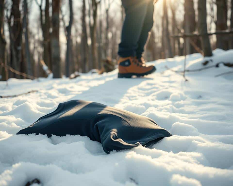 Outdoor adventure in the snow: a rugged Arc'teryx Rho base layer, sleek and form-fitting, lies atop a snowy forest floor. Crisp natural light filters through the bare trees, casting a warm glow across the synthetic fabric. In the background, a pair of hiking boots trudge through the powdery landscape, their wearer obscured by the focus on the technical base layer. The mood is one of functional, no-frills winter preparation - this is a garment built to withstand the elements and keep the body temperature regulated during the harshest conditions.