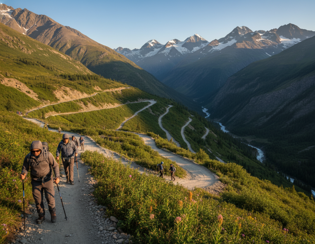 A breathtaking view of hairpin turns on a mountain trail, showcasing switchbacks that elegantly curve along steep slopes. In the foreground, a rugged dirt trail with visible tire tracks snakes through vibrant green foliage, leading upwards. In the middle, authentic hikers dressed in modest casual clothing navigate the switchbacks, exhibiting a sense of adventure and determination. The background is filled with majestic mountains, their peaks dusted with snow under a clear blue sky. The golden hour sunlight casts a warm, inviting glow over the scene, highlighting the texture of the trail and the lush landscape. Capture this dynamic composition with a wide-angle lens, emphasizing the depth and dramatic inclines of the terrain, and create an immersive, inspiring atmosphere.