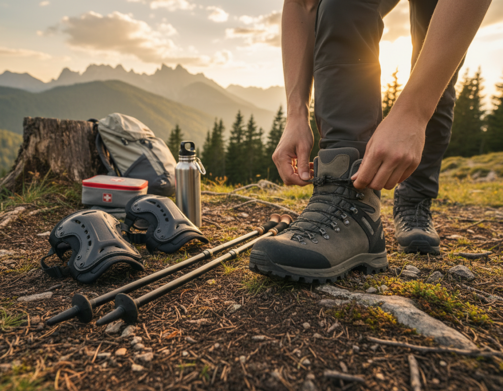 A close-up view of a hiker examining specialized footwear designed for downhill trekking, showcasing a sturdy hiking boot with reinforced ankle support and a rugged sole. In the foreground, the hiker's hands are adjusting the boot, emphasizing attention to detail. The middle ground features a well-organized display of various hiking gear, including knee braces, walking poles, and water bottles, all set against a backdrop of a breathtaking mountainous landscape under soft, golden hour lighting. The atmosphere is serene yet focused, highlighting the importance of optimizing gear for safety and comfort in hiking. The angle is slightly tilted from above, capturing both the gear and the stunning scenery in one cohesive image, without any human faces or expressions.