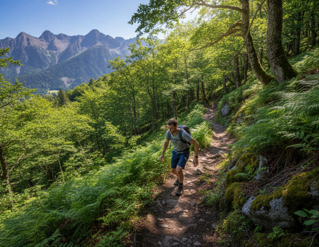 A downhiller hiker demonstrating proper form on a steep trail, capturing the essence of controlled steps with bent knees. The hiker, dressed in modest outdoor clothing, is positioned in the foreground, with one foot slightly forward, showcasing the impact of shifting weight. Surrounding them, the vibrant green foliage and rocky terrain create an authentic hiking environment, enhancing the realism. In the middle ground, a winding path disappears into a dense forest with sun filtering through the trees, casting dappled light onto the trail. The background features distant mountains under a clear blue sky, evoking a serene and focused hiking atmosphere. The scene is captured in natural light, emphasizing shadows and highlights that guide the viewer’s eye, creating a sense of motion and safety in the downhill hiking technique.