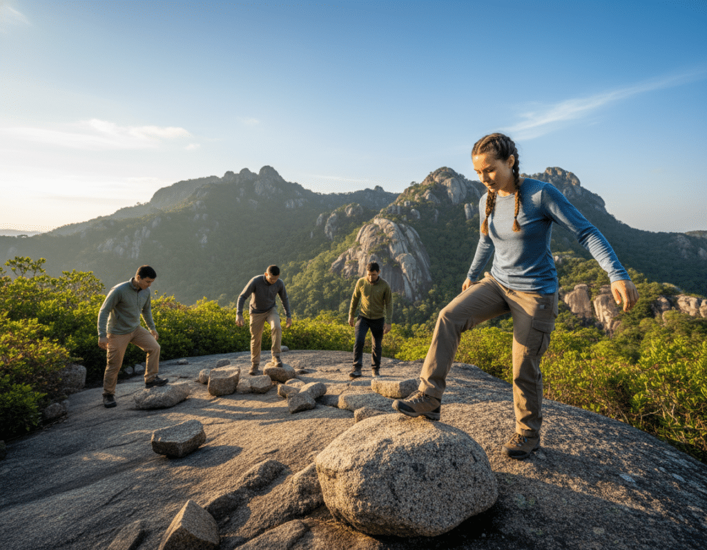 A dynamic scene depicting a diverse group of hikers mastering basic footwork techniques on rocky terrain. In the foreground, a hiker demonstrates proper foot placement by carefully stepping on a large, textured rock, showcasing a stable stance. The middle ground features additional hikers, each engaged in different techniques, wearing modest casual clothing. The background reveals a beautiful natural landscape of rugged hills and lush greenery under a clear blue sky, with soft sunlight casting gentle shadows. The image is captured with a wide-angle lens to emphasize the variety of footwork techniques on display, creating an inviting atmosphere that conveys a sense of adventure and confidence in navigating rocky trails. A dynamic scene depicting a diverse group of hikers mastering basic footwork techniques on rocky terrain. In the foreground, a hiker demonstrates proper foot placement by carefully stepping on a large, textured rock, showcasing a stable stance. The middle ground features additional hikers, each engaged in different techniques, wearing modest casual clothing. The background reveals a beautiful natural landscape of rugged hills and lush greenery under a clear blue sky, with soft sunlight casting gentle shadows. The image is captured with a wide-angle lens to emphasize the variety of footwork techniques on display, creating an inviting atmosphere that conveys a sense of adventure and confidence in navigating rocky trails.