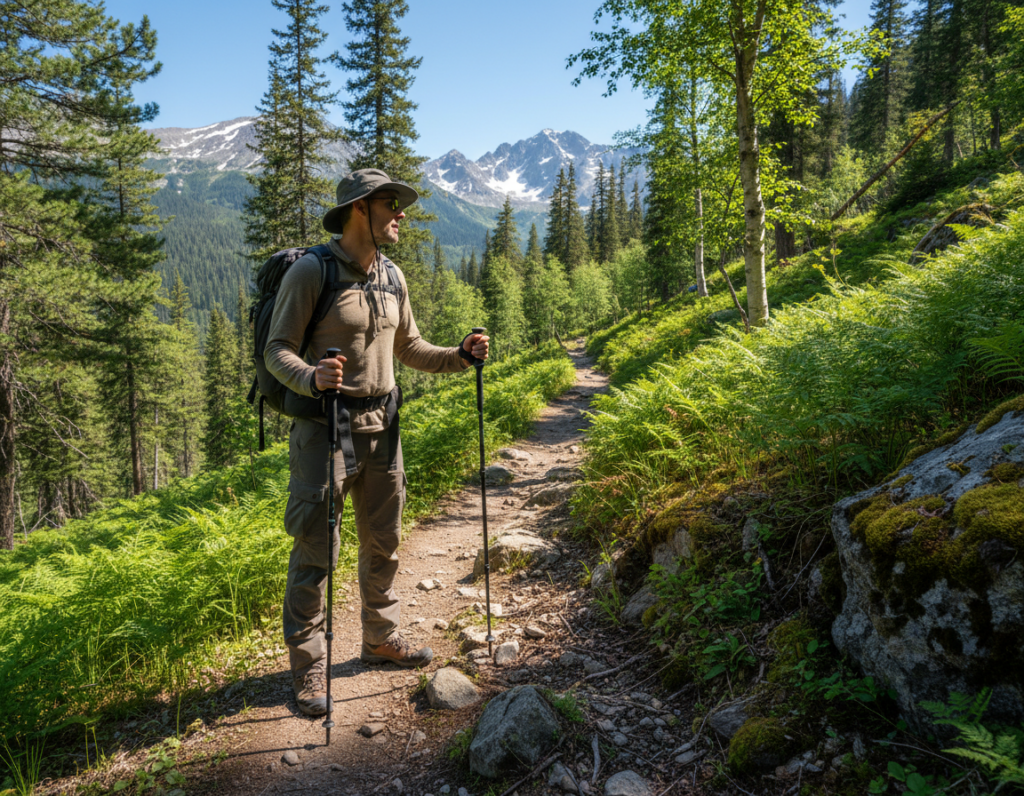 A focused hiker scanning a rugged trail for hazards, employing effective trail scanning techniques. In the foreground, the hiker, dressed in professional outdoor gear—long-sleeve shirt, cargo pants, and hiking boots—stands confidently, using trekking poles for balance. In the middle ground, a winding dirt trail is flanked by dense, vibrant foliage and rocky patches, while scattered sunlight filters through the trees, creating dappled patterns on the ground. In the background, majestic mountains loom under a clear blue sky, enhancing the sense of adventure. The image captures a serene yet engaging atmosphere, showcasing the importance of vigilance while enjoying nature. The angle is slightly low, emphasizing the hiker's proactive stance and the surrounding landscape.
