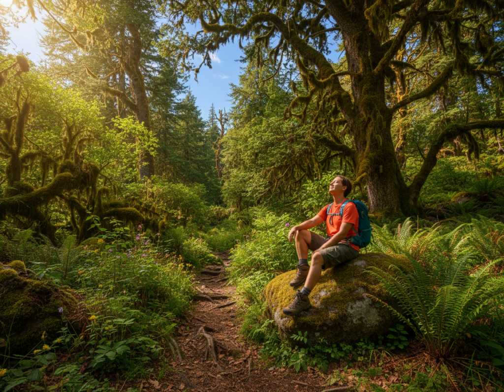A hiker sits on a moss-covered rock, taking a short rest break amid a lush forest setting. The subject, dressed in a bright, breathable hiking outfit with a small backpack, leans back slightly, eyes closed, enjoying the soothing sounds of nature. Sunlight filters through the canopy, creating dappled patterns on the forest floor, highlighting the vibrant green leaves and earthy textures around. In the background, tall trees stretch upwards towards a clear blue sky, while a soft trail meanders through the underbrush. The mood is calm and reflective, emphasizing themes of mental focus and energy management. The composition should be captured from a slightly low angle, allowing the viewer to feel immersed in the serene environment, with warm, natural lighting enhancing the scene's tranquility.