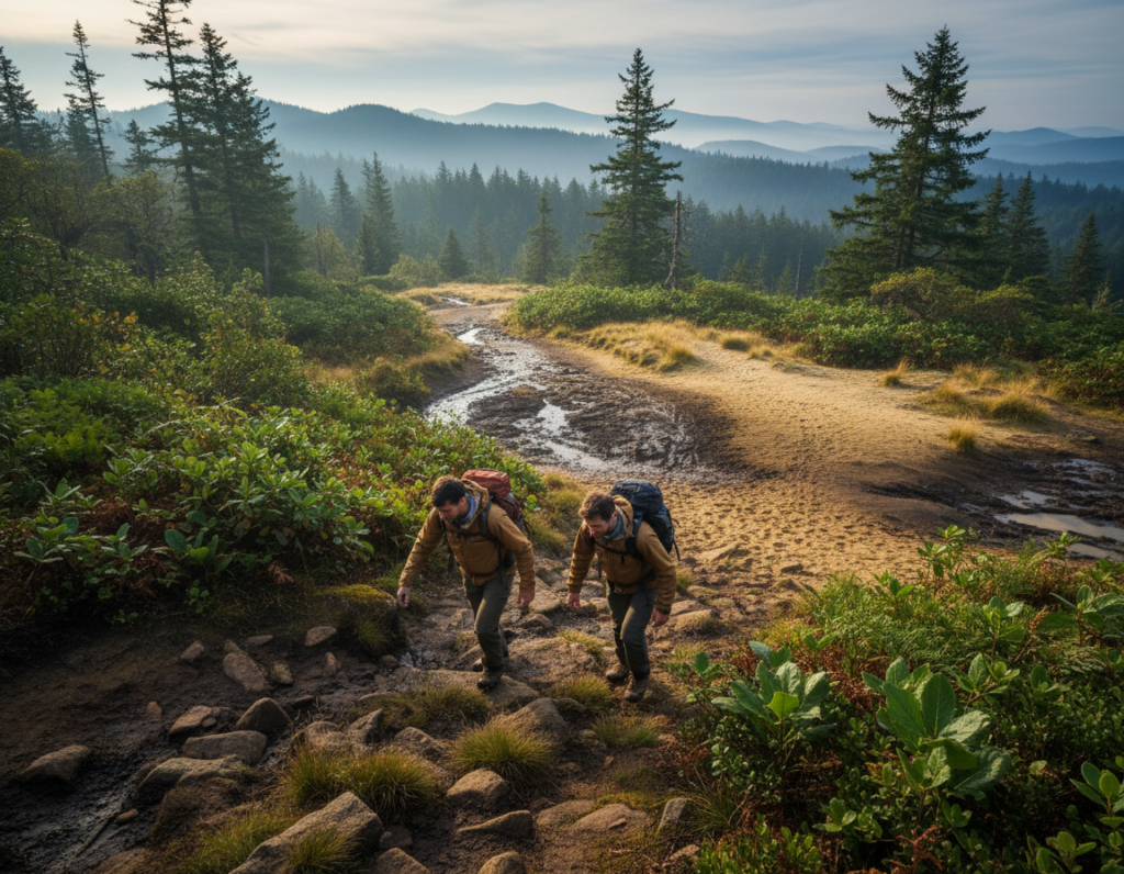 A panoramic view of a hiking trail that showcases a diverse range of terrain and changing conditions. In the foreground, a pair of hikers in modest casual clothing navigate rocky obstacles while observing the trail ahead, demonstrating caution. The middle ground reveals a muddy section of the path transitioning into a sandy area, indicating recent weather changes. Surrounding the trail, lush greenery contrasts with patches of wet earth, while distant hills fade into a gentle mist. The lighting is soft and natural, suggesting early morning with gentle sunlight filtering through cloud cover. The overall atmosphere conveys a sense of adventure and awareness, emphasizing the importance of adaptability in outdoor environments. The image captures authenticity, drawing viewers into the experience of navigating nature's challenges.