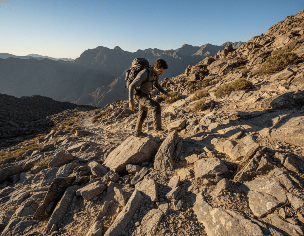 A rocky slope with a rugged terrain in the foreground, showcasing a hiker descending with precision and attention to foot placement. The hiker, dressed in modest outdoor clothing, is navigating uneven rocks and boulders, demonstrating proper technique with one foot grounded and the other in mid-step. In the middle ground, various sharp stones and patches of dirt create a realistic trail atmosphere. The background features a distant mountain range under a clear blue sky, bathed in warm, natural sunlight, casting soft shadows on the terrain. Capture the moment from a low angle to emphasize the slope's steepness and the hiker's focus, creating an adventurous and dynamic mood that highlights adaptability in hiking techniques. A rocky slope with a rugged terrain in the foreground, showcasing a hiker descending with precision and attention to foot placement. The hiker, dressed in modest outdoor clothing, is navigating uneven rocks and boulders, demonstrating proper technique with one foot grounded and the other in mid-step. In the middle ground, various sharp stones and patches of dirt create a realistic trail atmosphere. The background features a distant mountain range under a clear blue sky, bathed in warm, natural sunlight, casting soft shadows on the terrain. Capture the moment from a low angle to emphasize the slope's steepness and the hiker's focus, creating an adventurous and dynamic mood that highlights adaptability in hiking techniques.