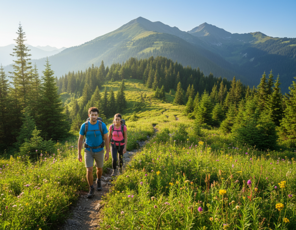 A serene and lush mountain trail, embodying the essence of balanced hiking pace. In the foreground, two hikers dressed in modest outdoor attire, showcasing a diverse couple, are seen mid-stride, maintaining a relaxed yet focused posture as they ascend the incline. Their expressions reflect determination and tranquility, highlighting the principle of efficient uphill hiking. In the middle ground, the trail winds upward through dense green foliage, dotted with vibrant wildflowers, giving a sense of depth. The background reveals majestic, sunlit mountain peaks touching the clear blue sky, with soft, diffused sunlight filtering through the trees, creating a warm, inviting atmosphere. The angle captures the hikers from a slightly lower perspective, emphasizing their journey against the grandeur of nature. The overall mood is inspiring, conveying a sense of adventure and harmony with the environment.