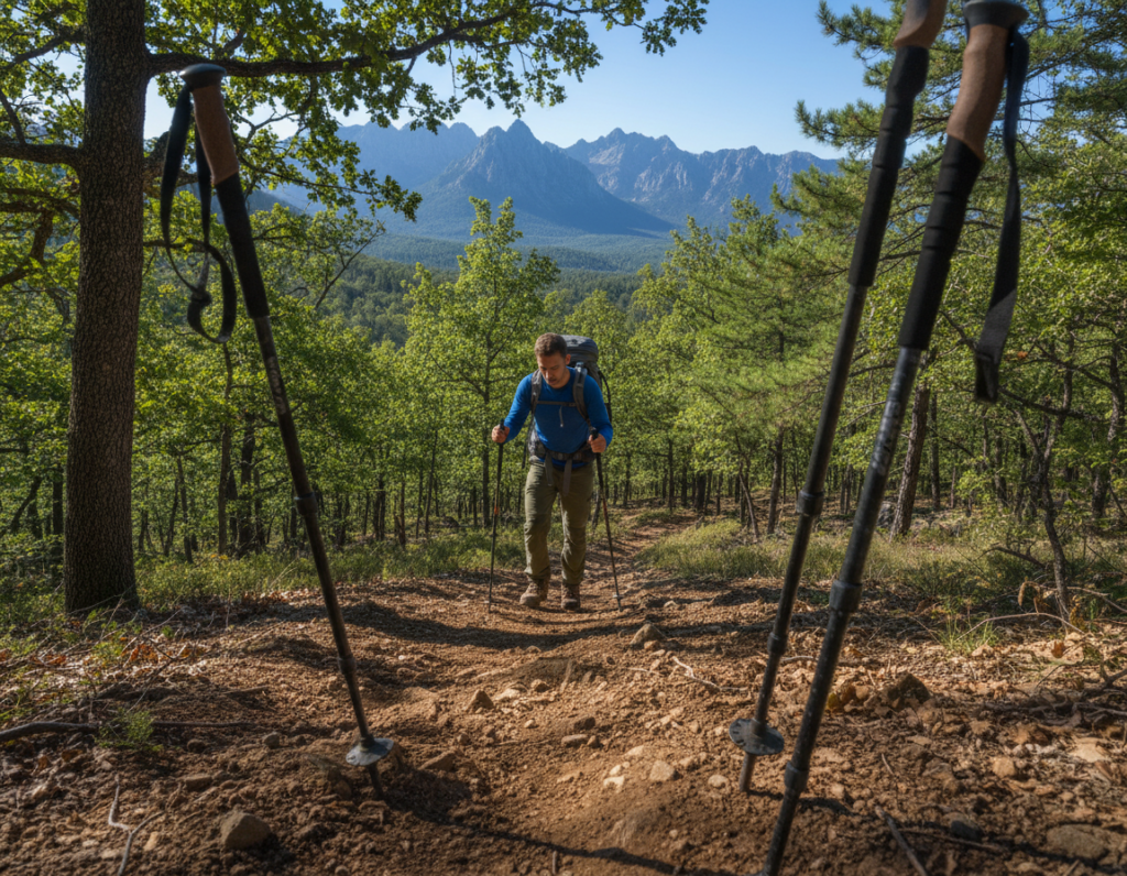 A serene downhill hiking trail surrounded by lush, green foliage and rugged rocks. In the foreground, a pair of sturdy trekking poles is planted firmly in the dirt, showcasing their textured grips and adjustable straps. Just behind, a hiker dressed in modest, functional outdoor gear carefully navigates the terrain, their focus on maintaining balance. The middle ground features a winding path that leads into a forest of tall trees dappled with sunlight filtering through the leaves, casting soft shadows on the trail. In the background, distant mountains rise under a clear blue sky, conveying a sense of adventure and tranquility. The atmosphere is peaceful and encouraging, inviting the viewer to connect with nature. The image is captured with a wide-angle lens to enhance the depth and perspective.