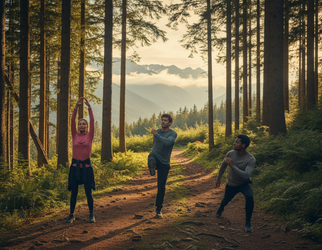 A serene forest setting at dawn, with a clear, golden light filtering through tall trees, creating dappled shadows on the ground. In the foreground, a diverse group of three hikers, a woman and two men, dressed in comfortable athletic wear, are executing a dynamic warm-up routine. The woman is stretching her arms overhead, while one man performs leg swings, and the other is doing lunges. Their expressions reflect focus and determination. In the middle ground, a winding trail leads into the lush greenery, inviting exploration. The background features misty mountains, enhancing the sense of adventure. The mood is invigorating and refreshing, capturing the essence of preparing for a long hike.