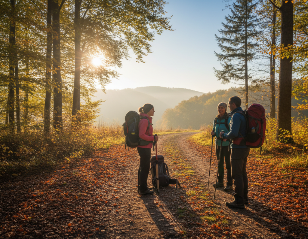 A serene forest trail at dawn, with a soft golden light filtering through the trees, creating a gentle glow on the path. In the foreground, a diverse group of three hikers in modest casual clothing pauses to catch their breath, discussing energy management techniques. They are surrounded by a carpet of fallen leaves, and their backpacks indicate they are prepared for a long trek. In the middle ground, a faint outline of rolling hills adds depth, while subtle sunbeams slice through the foliage, enhancing the lively atmosphere. The background features tall trees and a clear blue sky, hinting at the day ahead. The overall mood is one of tranquility and focus, capturing the essence of managing energy and movement on the trail.