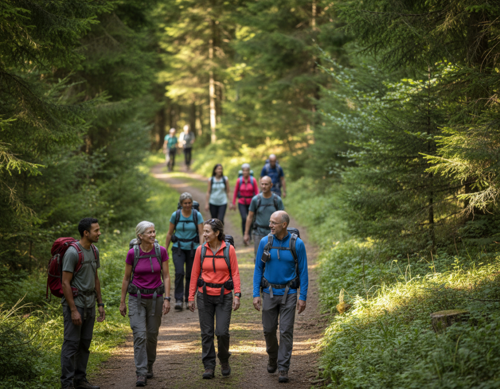 A serene hiking scene depicting diverse hiking pace groups in a lush forest. In the foreground, a small group of hikers of various ages and backgrounds, dressed in modest casual clothing like breathable shirts and sturdy hiking pants, engage in discussions. In the middle ground, several pairs of hikers walk side by side, some slightly ahead and some behind, showcasing different paces within the group. The background reveals a winding trail that disappears into a canopy of tall, green trees, dappled sunlight filtering through the leaves, creating warm patches on the forest floor. The atmosphere is friendly and supportive, embodying camaraderie among hikers. The composition is captured with a slight angle to suggest movement along the trail, emphasizing the journey and connection within the hiking community.
