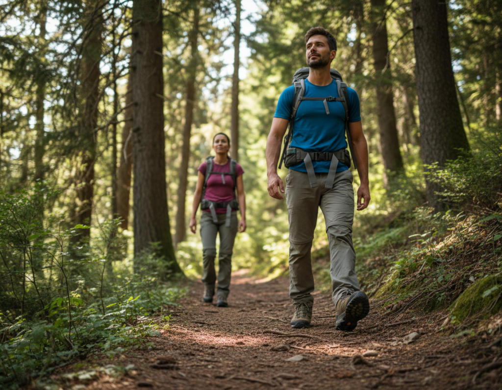 A serene hiking trail in a lush forest setting, showcasing a pair of hikers adjusting their walking pace. In the foreground, focus on the hikers' feet demonstrating proper foot placement: a heel-to-toe roll, with clear signs of an efficient stride on a well-trodden path. The middle ground features the hikers, dressed in modest athletic wear, displaying an engaged posture and relaxed, natural movements. In the background, towering trees filter soft, dappled sunlight, casting gentle shadows on the trail, enhancing the sense of depth in the scene. A slight upward angle captures the dynamics of their motion. The atmosphere is tranquil yet invigorating, inspiring a sense of adventure and connection with nature. A serene hiking trail in a lush forest setting, showcasing a pair of hikers adjusting their walking pace. In the foreground, focus on the hikers' feet demonstrating proper foot placement: a heel-to-toe roll, with clear signs of an efficient stride on a well-trodden path. The middle ground features the hikers, dressed in modest athletic wear, displaying an engaged posture and relaxed, natural movements. In the background, towering trees filter soft, dappled sunlight, casting gentle shadows on the trail, enhancing the sense of depth in the scene. A slight upward angle captures the dynamics of their motion. The atmosphere is tranquil yet invigorating, inspiring a sense of adventure and connection with nature.