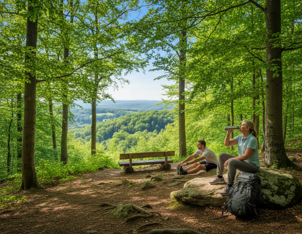 A serene hiking trail nestled in a lush forest, showcasing a diverse group of hikers taking smart rest breaks. In the foreground, a middle-aged woman in comfortable casual clothing sits on a rock, sipping water from a reusable bottle, while a man nearby stretches next to a backpack. The middle ground features an inviting wooden bench with a breathtaking view of rolling hills and dappled sunlight filtering through the leaves, creating a tranquil atmosphere. The background reveals towering trees with vibrant green foliage under a clear blue sky. The scene evokes a sense of rejuvenation and balance, emphasizing the importance of taking strategic breaks while enjoying the beauty of nature. Natural lighting enhances the peaceful vibe of the moment, without any distractions or human-made elements.