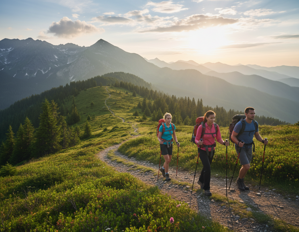 A serene mountain landscape at dawn, featuring a winding trail leading into the horizon. In the foreground, a diverse group of hikers—two men and one woman—dressed in professional outdoor gear, demonstrating proper walking form with hiking poles. They exhibit determination and focus, embodying the spirit of training for long-distance hiking. The middle ground showcases lush greenery and rugged terrain, with hints of wildflowers adding vibrancy. In the background, majestic mountains rise under a gently warming sky, with soft sun rays filtering through scattered clouds, creating a motivational atmosphere. The scene is captured with a wide-angle lens for an expansive view, framing the hikers' journey towards fitness and endurance effectively. A serene mountain landscape at dawn, featuring a winding trail leading into the horizon. In the foreground, a diverse group of hikers—two men and one woman—dressed in professional outdoor gear, demonstrating proper walking form with hiking poles. They exhibit determination and focus, embodying the spirit of training for long-distance hiking. The middle ground showcases lush greenery and rugged terrain, with hints of wildflowers adding vibrancy. In the background, majestic mountains rise under a gently warming sky, with soft sun rays filtering through scattered clouds, creating a motivational atmosphere. The scene is captured with a wide-angle lens for an expansive view, framing the hikers' journey towards fitness and endurance effectively.
