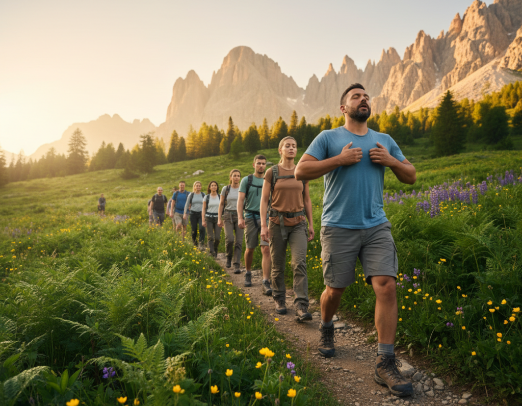 A serene mountain landscape during golden hour, showcasing a diverse group of hikers in modest casual clothing, walking in sync on a rugged trail. In the foreground, one hiker, moderately built, emphasizes the steady rhythm of breathing and steps, inhaling deeply with a focused expression. The middle ground features a winding trail lined with lush green foliage and wildflowers, while in the background, majestic peaks are bathed in warm sunlight, enhancing the tranquil atmosphere. The camera angle is slightly low to capture the dynamic motion of the hikers while incorporating the natural beauty of the surroundings. Soft, diffused lighting creates a calm and inviting mood, perfect for illustrating pacing oneself while hiking in nature's embrace.