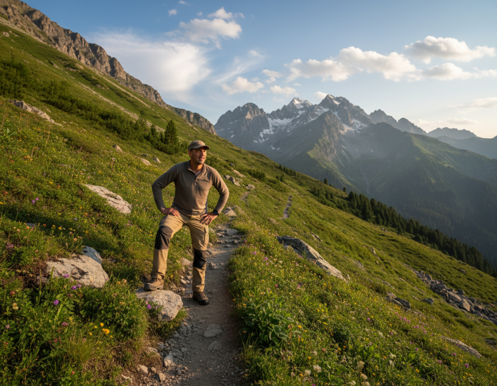 A serene mountain landscape showcasing the rest step technique for ascending steep terrain. In the foreground, a hiker in modest outdoor attire is captured mid-action, taking a deliberate step while pausing for a moment of breath. The hiker's expression reflects focus and determination. In the middle ground, a steep, rugged trail winds its way up through vibrant greenery, with patches of exposed rock and scattered wildflowers dotting the path. The background features towering, majestic mountains under a clear blue sky, with soft white clouds lazily drifting by. The lighting is warm and natural, suggesting early morning or late afternoon, casting long, gentle shadows. The atmosphere conveys a sense of adventure and tranquility, highlighting the beauty of nature and the importance of effective hiking techniques.