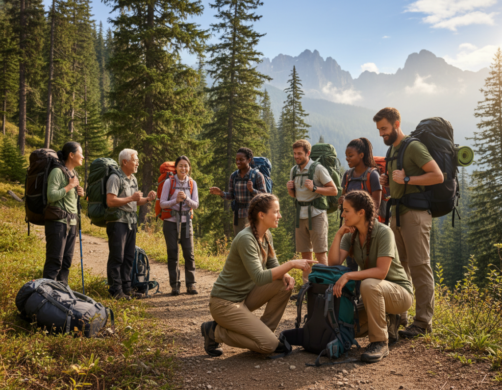 A serene mountain trail scene featuring a diverse group of hikers assessing their individual capabilities. In the foreground, a professional female guide, dressed in a modest, functional outfit, evaluates the fitness levels of a couple of hikers, looking at their gear and asking questions. In the middle ground, various hikers of different backgrounds, ages, and skill levels are engaged in discussion, showcasing expressions of determination and camaraderie. The background depicts lush greenery, towering trees, and distant mountains under a bright blue sky with soft, natural lighting. The atmosphere is supportive and encouraging, conveying the importance of adapting to individual fitness and experience in a hiking group. Capture this scene with a slightly elevated angle for depth.