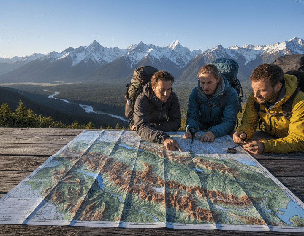 A detailed topographic map displayed prominently in the foreground features finely etched contour lines, delineating hills and valleys. Vibrant colors represent elevation changes, with shades of green, brown, and blue illustrating terrain types such as forests, mountains, and water bodies. In the middle ground, a group of real hikers dressed in professional outdoor attire studies the map, their expressions focused and engaged. The background showcases a breathtaking natural landscape—a rugged mountain range under a clear blue sky, bathed in warm sunlight that creates soft shadows across the terrain. The composition conveys a mood of exploration and education, emphasizing the importance of understanding terrain with authentic elements. The angle should highlight the map's details while capturing the hikers’ interaction with their surroundings, ensuring a clear visual narrative without any text or overlays.
