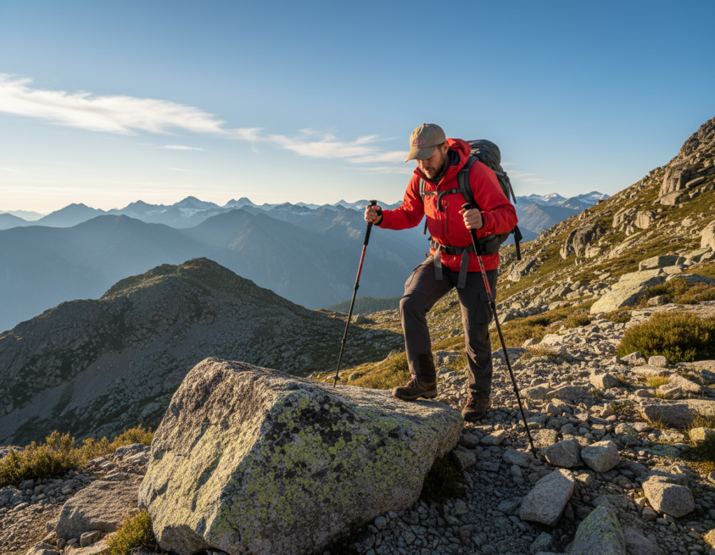 A determined hiker carefully navigates a rugged, technical trail section, surrounded by jagged rocks and uneven terrain. In the foreground, the hiker, dressed in a bright red jacket and sturdy hiking boots, leans forward, using trekking poles for balance as they step over a large boulder. The middle ground features steep slopes adorned with sparse vegetation, rugged cliff faces, and scattered gravel, emphasizing the challenges of the path. In the background, a breathtaking vista of distant mountains rises under a clear blue sky, illuminated by warm sunlight filtering through wispy clouds. The scene evokes a sense of adventure and resilience, capturing the essence of navigating uneven terrains in the great outdoors.