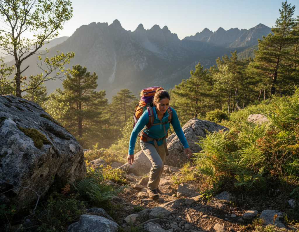 A determined hiker is ascending a steep, rocky trail, demonstrating effective energy conservation techniques. In the foreground, focus on the hiker's stance, showing a slightly bent knee and a relaxed upper body, emphasizing proper posture. The hiker is dressed in breathable, modest hiking gear with a colorful backpack, showcasing practical hiking attire. In the middle background, lush greenery and scattered boulders create a vibrant, natural setting, highlighting the difficulty of the climb. The background features distant mountains under a clear blue sky, contributing to the sense of an expansive wilderness. Soft sunlight filters through the trees, casting gentle shadows and adding warmth to the scene, evoking a peaceful and challenging hiking atmosphere.