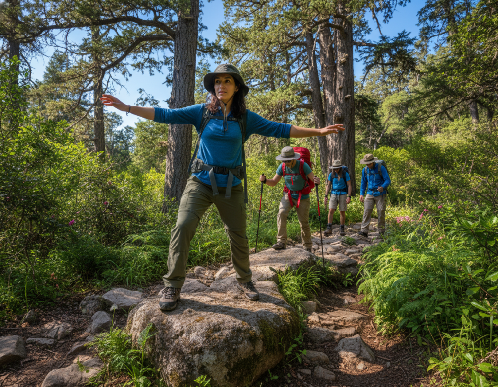 A diverse group of hikers traversing a rocky, uneven trail surrounded by lush, green foliage. In the foreground, a person balanced on a large stone, demonstrating an effective stance for stability, arms slightly extended for balance, wearing modest, functional hiking gear. In the middle ground, other hikers focus intently on their footing, illustrating various balance techniques, such as bending knees and keeping low centers of gravity. The background showcases tall trees and a clear blue sky, casting dappled sunlight onto the trail, enhancing the sense of adventure. Use a wide-angle lens to capture the depth of the scene, with soft, natural lighting to create an inviting, energetic atmosphere. Emphasize the connection with nature, highlighting the importance of balance in hiking.