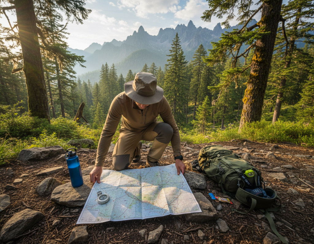 A focused hiker in modest outdoor attire is kneeling on a rocky surface, carefully examining a detailed topographic map spread out before them. Surrounding the hiker, various essential gear such as a compass, a water bottle, and a small backpack lie scattered, emphasizing preparation and organization. In the background, a lush forest with towering trees and a distant mountain range creates an authentic outdoor atmosphere, while soft morning light filters through the leaves, casting gentle shadows. The angle captures both the hiker's concentration on the map and the breathtaking landscape, evoking a sense of adventure and mindfulness. The overall mood is calm and focused, highlighting the importance of thoughtful planning for a safe trail experience.