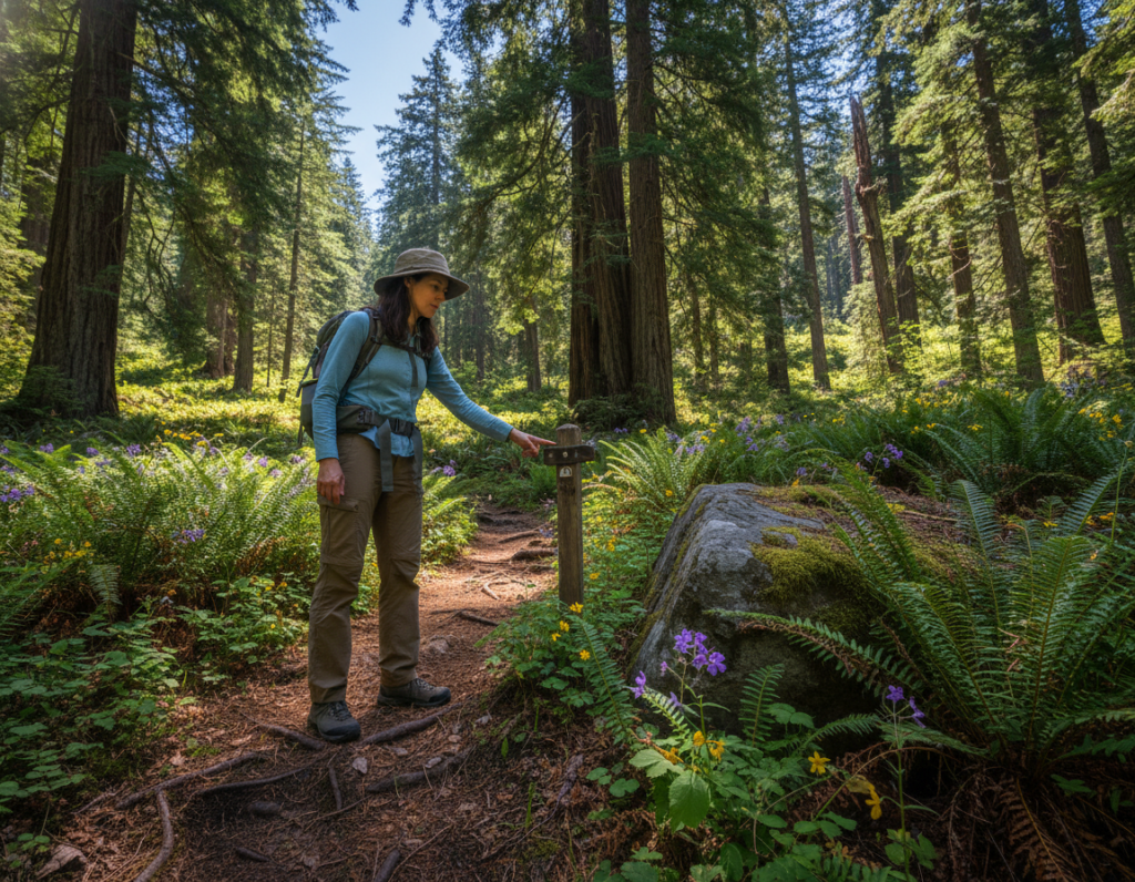 A focused hiker in modest outdoor clothing, standing on a forested trail, intently observing the natural environment around them. The foreground features the hiker, with a thoughtful expression as they examine the terrain, perhaps noting trail markers or weather conditions. In the middle ground, a lush green trail winds through dense foliage, dotted with wildflowers, reflecting the vibrant colors of nature. The background showcases towering trees and a clear blue sky, casting warm sunlight filtering through the leaves, creating playful shadows. The scene has a serene and contemplative mood, emphasizing the importance of awareness in outdoor settings. The camera angle is slightly low, emphasizing the hiker's presence against the expansive landscape.