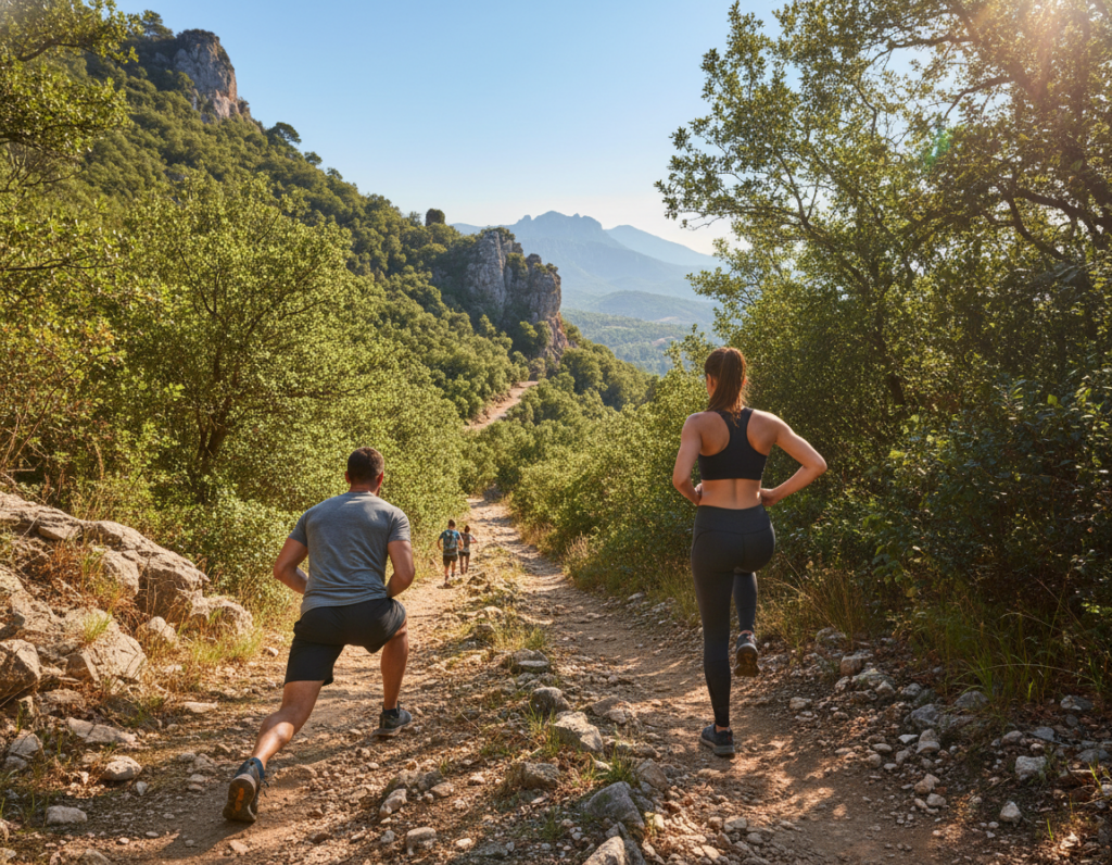 A group of diverse hikers engaged in downhill hiking training exercises on a rugged trail surrounded by lush green trees and rocky terrain. In the foreground, two individuals, one male and one female, demonstrate leg and core workouts; the male is performing lunges while the female balances on one leg, engaging her core. The middle ground features a scenic view of the steep trail winding through nature, with distant mountains visible under a clear blue sky. The background captures sunlight filtering through the trees, creating dappled shadows on the ground. The atmosphere is energetic and focused, emphasizing strength and preparation for the challenges of descending steep trails. The image is vibrant, with warm daylight illuminating the scene, showcasing authentic and motivating outdoor physical activity.