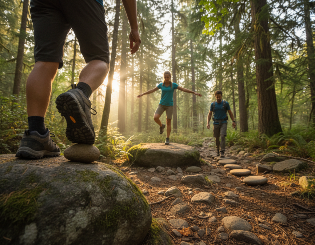 A pair of hikers engaged in foot proprioception training on a rocky, uneven trail in a lush green forest. In the foreground, focus on their feet as they balance on a large boulder, showcasing proper hiking shoes with a textured grip. In the middle ground, capture the hikers in modest, casual athletic attire, demonstrating various balance techniques, such as standing on one foot or using agility stones. In the background, depict a serene, sun-dappled forest with tall trees and scattered sunlight filtering through the leaves, creating a warm, inviting atmosphere. Use soft, natural lighting to enhance the scene, with a wide-angle lens to emphasize depth and the rugged terrain. Aim for an authentic and dynamic composition that illustrates the importance of stability in hiking.