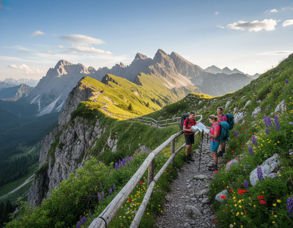 A panoramic view of a mountainous hiking terrain, depicting a winding trail with handrails along a steep cliffside, providing guidance for hikers navigating the path. In the foreground, a group of three hikers dressed in modest, functional hiking gear, including backpacks and breathable clothing, study a topographic map while standing beside the handrails. In the middle ground, lush green vegetation and rugged rocks create an authentic, natural setting, with a variety of wildflowers blooming along the edges of the trail. The background features towering, majestic mountains under a bright blue sky with wispy clouds, casting dynamic shadows on the landscape. The lighting is warm and inviting, simulating the golden hour, creating a sense of adventure and exploration.