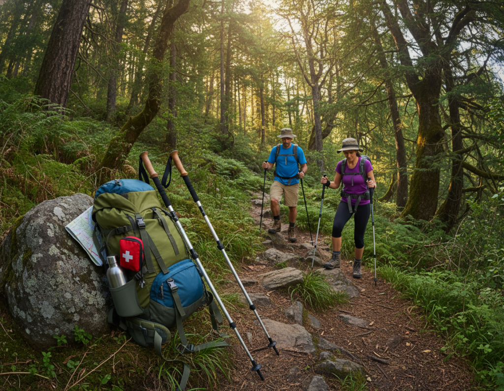 A rugged hiking trail steeply descends through a lush, green forest, showcasing the essential trekking poles and hiking gear necessary for safe descents. In the foreground, two sturdy trekking poles, crafted from lightweight aluminum, rest against a moss-covered rock, while a well-worn, colorful backpack lies nearby, with visible hiking tools like a water bottle and a first-aid kit. In the middle ground, a pair of experienced hikers, dressed in breathable, comfortable hiking attire, navigate the trail cautiously, displaying confident stances that highlight their secure footing. The background reveals tall, majestic trees blocking soft sunlight, creating a serene, adventurous atmosphere. The image is captured with a wide-angle lens, ensuring a dynamic perspective, accentuated by warm, natural lighting. The overall mood is one of careful exploration and safety in nature.