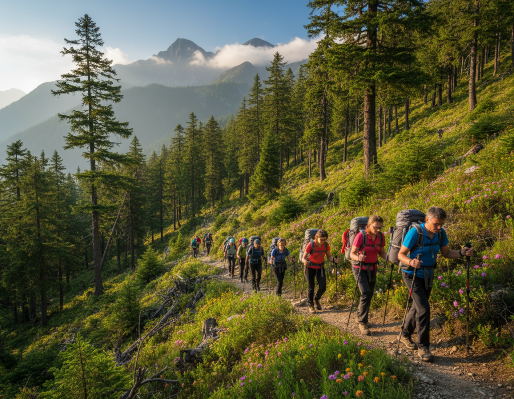 A scenic elevation gain hiking trail winding through a lush, green forest. In the foreground, a diverse group of hikers in comfortable outdoor clothing, focused and engaged in the hike, are traversing the path, showcasing different levels of hiking gear. The middle ground reveals the trail, steep and rocky, flanked by vibrant wildflowers and towering trees, capturing the essence of a challenging uphill journey. The background features majestic mountains, partially shrouded in mist, under a clear blue sky. Soft, warm sunlight filters through the leaves, creating gentle dappled shadows on the trail, enhancing the sense of adventure and tranquility. The atmosphere is invigorating, invoking a spirit of exploration and connection with nature.