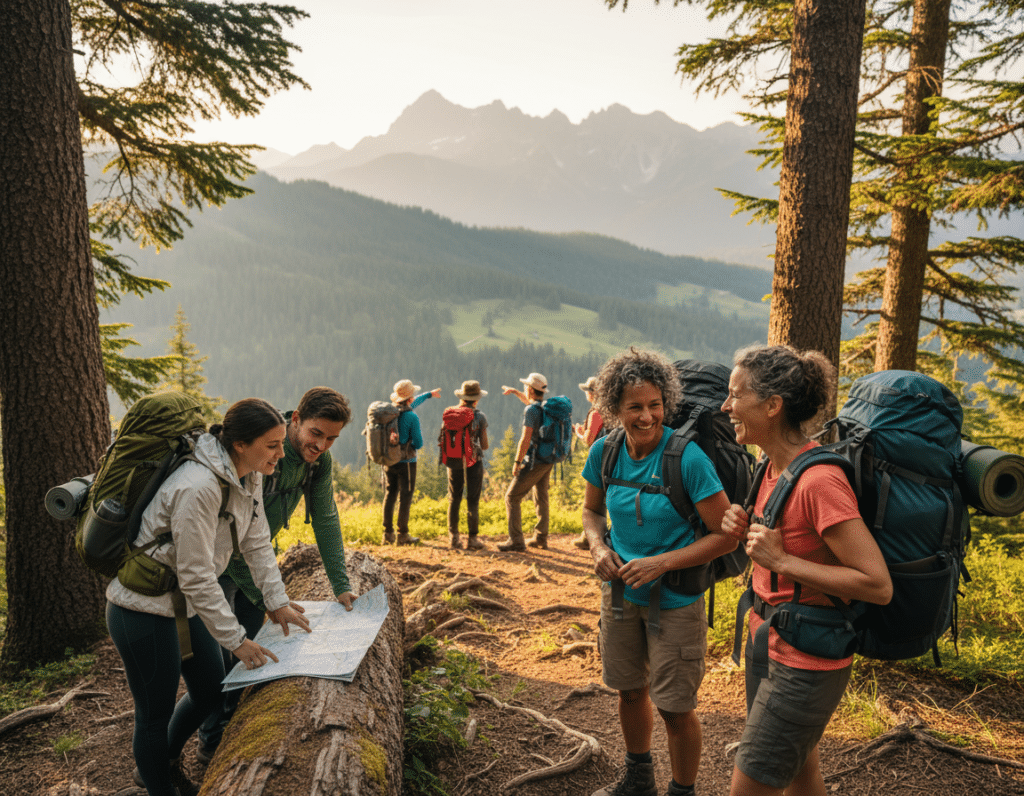 A scenic outdoor setting showcasing a diverse group of hikers in a compatible trail community. In the foreground, two middle-aged friends share a laugh as they adjust their backpacks, wearing casual, comfortable hiking attire. To the left, a young couple consults a map, their expressions engaged and enthusiastic. In the middle ground, a larger group pauses to admire a stunning mountain vista, with towering trees framing the scene. The background features a breathtaking landscape of rolling hills and distant peaks bathed in warm, golden sunlight, suggesting late afternoon. The atmosphere is friendly and inviting, conveying a sense of camaraderie and adventure among the hikers. Use a natural lens perspective to emphasize the beauty of the environment and the connections between the individuals, ensuring a relaxed, authentic vibe. A scenic outdoor setting showcasing a diverse group of hikers in a compatible trail community. In the foreground, two middle-aged friends share a laugh as they adjust their backpacks, wearing casual, comfortable hiking attire. To the left, a young couple consults a map, their expressions engaged and enthusiastic. In the middle ground, a larger group pauses to admire a stunning mountain vista, with towering trees framing the scene. The background features a breathtaking landscape of rolling hills and distant peaks bathed in warm, golden sunlight, suggesting late afternoon. The atmosphere is friendly and inviting, conveying a sense of camaraderie and adventure among the hikers. Use a natural lens perspective to emphasize the beauty of the environment and the connections between the individuals, ensuring a relaxed, authentic vibe.