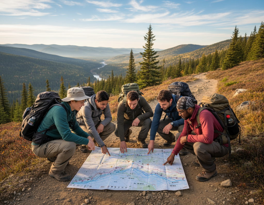 A scenic view of a group of diverse hikers on a mountain trail, intensely studying a colorful elevation profile map spread out on the ground. In the foreground, focus on the hikers, dressed in practical, modest outdoor gear, crouched down with engaged expressions. The middle ground showcases a rugged, picturesque landscape with rolling hills and dense trees, capturing the essence of nature’s beauty. In the background, a clear blue sky stretches above, with soft clouds illuminated by warm sunlight, creating a sense of adventure and exploration. The atmosphere is vibrant and enthusiastic, reflecting the excitement and determination of the hikers as they interpret the elevation changes ahead. Use natural lighting to emphasize the details of the map and the hikers’ expressions, with a moderate angle to convey depth in the scenery.