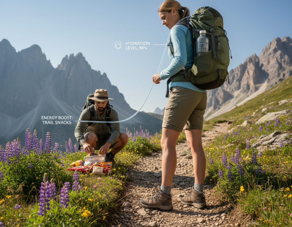 A serene hiking scene showcasing a smart hydration system integrated into a backpack, designed for long trail days. In the foreground, a hiker wearing modest, casual clothing adjusts the hydration system with a flexible tube that connects to a water reservoir, capturing a moment of practical use. The middle ground features a rugged trekking path lined with wildflowers and stones, with the hiker's companion checking their energy supply snacks, emphasizing the theme of conserving energy. In the background, majestic mountains under a clear blue sky and gentle sunlight create an uplifting atmosphere. The image is shot from a low angle, highlighting the vibrant colors of nature while ensuring realism and authenticity, capturing the essence of an adventurous yet sensible hiking experience.