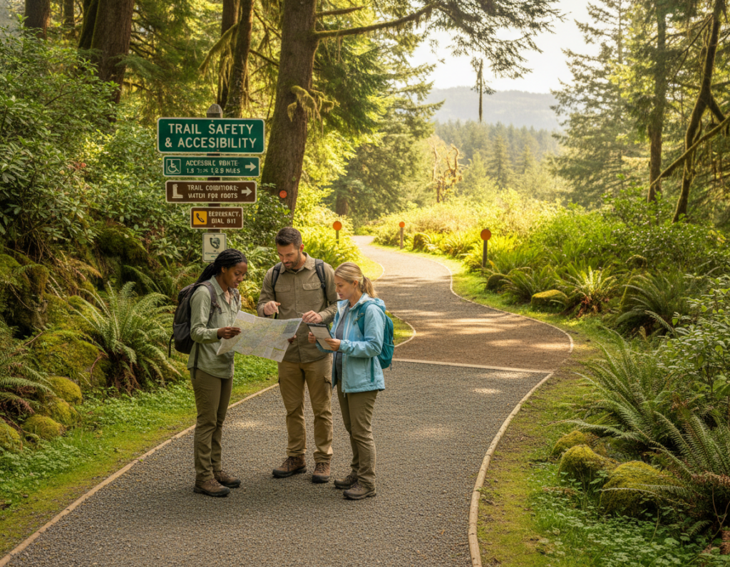 A serene hiking trail surrounded by lush greenery, displaying clear signs for safety and accessibility. In the foreground, a diverse group of three hikers dressed in modest casual clothing—one holding a map and the others examining a safety checklist—conveying thoughtful preparation. In the middle ground, a well-maintained path with visible markers for trail conditions and accessible routes. The background features soft sunlight filtering through tall trees, creating a warm, inviting atmosphere. The scene captures the essence of trail safety, with an emphasis on accessibility, reflecting a sense of community and preparedness. The angle should be slightly elevated to encompass the trail's expanse and surrounding nature, evoking a feeling of tranquility and adventure.