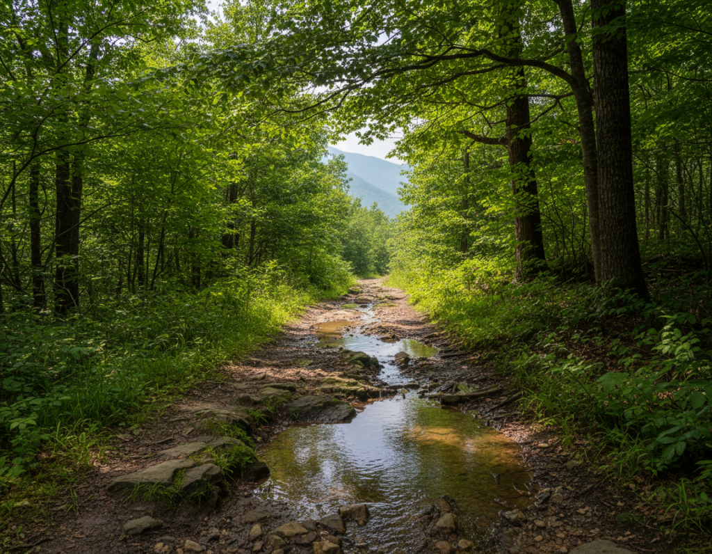 A serene hiking trail winding through a lush forest, with clear water pooling along the path, showcasing the impact of rain. In the foreground, vibrant green moss and wet stones contrast with the glistening water, reflecting light. In the middle ground, the trail is slightly worn, demonstrating the effects of erosion, with small rivulets of water flowing downhill. Towering trees frame the scene, their leaves dappled in sunlight filtering through the canopy, casting playful shadows on the ground. The background features distant mountains, softly blurred to emphasize the trail. The mood is peaceful yet slightly somber, illustrating the natural beauty and challenges of trail maintenance. The composition is captured with a wide-angle lens, highlighting the interplay between water and earth.