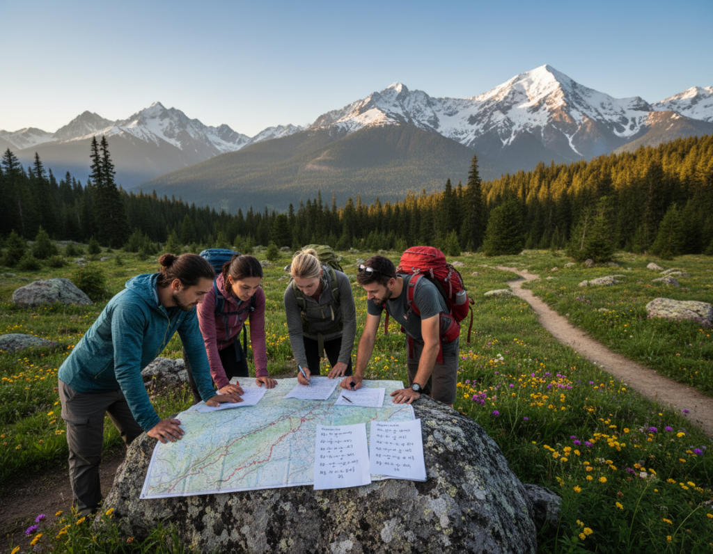 A serene mountain landscape forms the backdrop, with majestic snow-capped peaks under a clear blue sky. In the foreground, a diverse group of professional hikers, wearing modest hiking attire, study a map and a set of hiking time estimation formulas laid out on a large rock. They appear engaged and focused, with expressions of determination and teamwork. The middle ground features a winding trail leading into the forest, dotted with wildflowers and greenery, inviting exploration. The lighting is warm and soft, hinting at the golden hour, casting gentle shadows and giving the scene an uplifting mood. Capture the scene from a slightly elevated angle to emphasize the hikers and the formulas, creating a dynamic perspective that reflects the theme of mastering safe hiking practices.