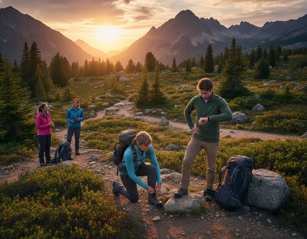 A serene mountainous landscape during golden hour, showcasing a diverse group of hikers in modest casual clothing carefully assessing their hiking mobility and energy needs. In the foreground, a middle-aged woman kneels, inspecting her hiking gear, while a young man stands nearby, analyzing a fitness tracker. The middle ground features rugged trails winding through lush greenery, emphasizing the need for adaptability in hiking strategies. In the background, majestic peaks rise against a vibrant sunset, casting warm golden light across the scene. The atmosphere conveys a sense of determination and camaraderie, with soft, natural lighting highlighting the hikers' focus. Capture this moment from a slightly elevated angle to provide a comprehensive view of the group and the stunning surroundings.