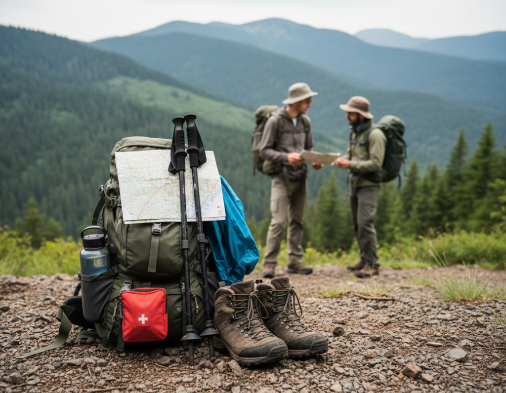 A well-organized and visually appealing setup of proper hiking gear, displayed on a rugged terrain background featuring a forested mountain trail. In the foreground, focus on a neatly packed hiking backpack with essential items: a water bottle, a map, trekking poles, and a first aid kit. Include a pair of sturdy hiking boots and a lightweight rain jacket partially draped over the backpack. In the middle ground, depict authentic hikers in modest, practical clothing, adjusting their gear and discussing their plans, captured at an angle that highlights their focused expressions. The background should feature a breathtaking vista of the lush green landscape under soft, natural sunlight, creating an inspiring and adventurous atmosphere. The scene should feel realistic and unposed, embodying the spirit of outdoor exploration.