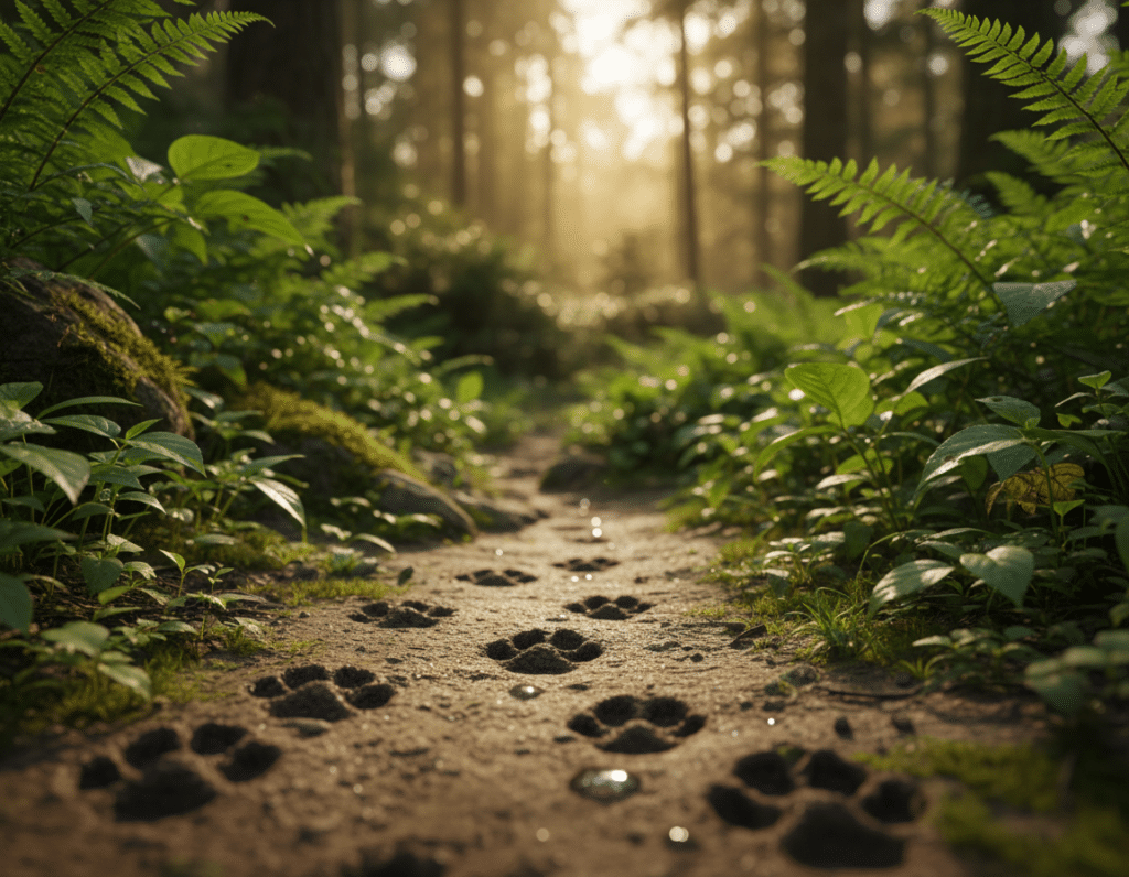 Canine and feline tracks imprinted in soft, damp earth along a wooded trail. In the foreground, focus on distinct paw prints, showcasing the shapes and sizes of both species: dog tracks with a rounded pad and visible toe imprints, alongside cat tracks with more compact, oval-shaped pads and less distinctive claws. In the middle ground, a lush green backdrop filled with vibrant foliage and soft sunlight filtering through trees creates a natural, inviting atmosphere. A soft-focus effect enhances the sense of depth, while a low-angle perspective draws attention to the ground. The overall mood is peaceful and serene, inviting the viewer to appreciate the nuances of wildlife tracking in a tranquil outdoor setting.