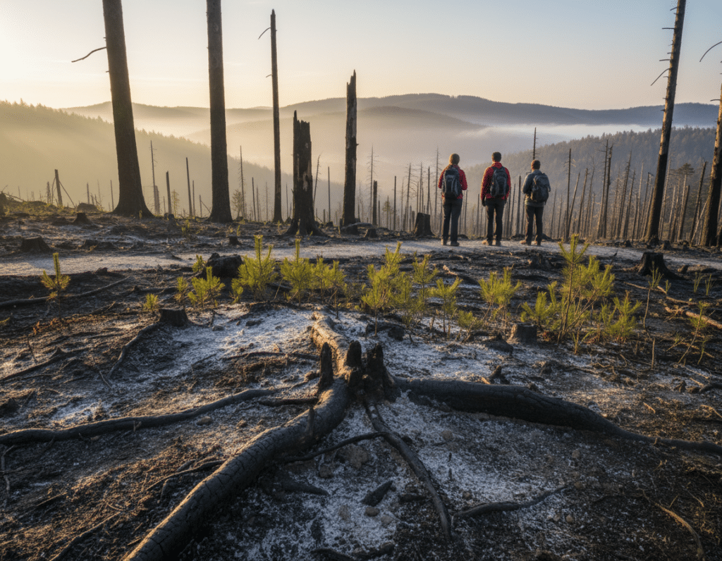 A detailed scene of post-fire soils in a forested area, showcasing charred earth and scattered ash, emphasizing the impact of wildfire. In the foreground, depict a close-up view of blackened soil, with patches of hardened earth and toasted roots visible. The middle ground features a mix of scorched trees and resilient green sprouts emerging from the ashes, symbolizing recovery. The background should display a landscape of rolling hills, partially obscured by a gentle mist, under a warm golden light of early morning, creating a contrast between devastation and renewal. The atmosphere is contemplative and slightly somber, inviting reflection on nature's resilience. Add hikers in modest casual clothing, observing the scene respectfully from a safe distance, embodying responsible interaction with the damaged environment. No text or human expressions.
