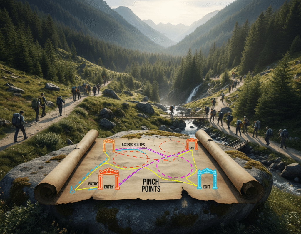 A detailed venue layout map illustration focusing on entry and exit points, designed like an event venue floor plan. In the foreground, prominently display stylized icons representing gateways and narrow pathways, colored with bright markers. The middle section showcases well-defined areas depicting potential pinch points—spaces where trails converge or narrow, illustrated with dashed lines and different colors for clarity. In the background, create a vibrant natural landscape filled with authentic hikers in professional attire, engaging with the environment, showcasing diverse trails. Incorporate soft, natural lighting to evoke a serene atmosphere, highlighting the contours of the landscape. The angle should be slightly above the layout for a comprehensive overview, emphasizing spatial relationships without clutter.