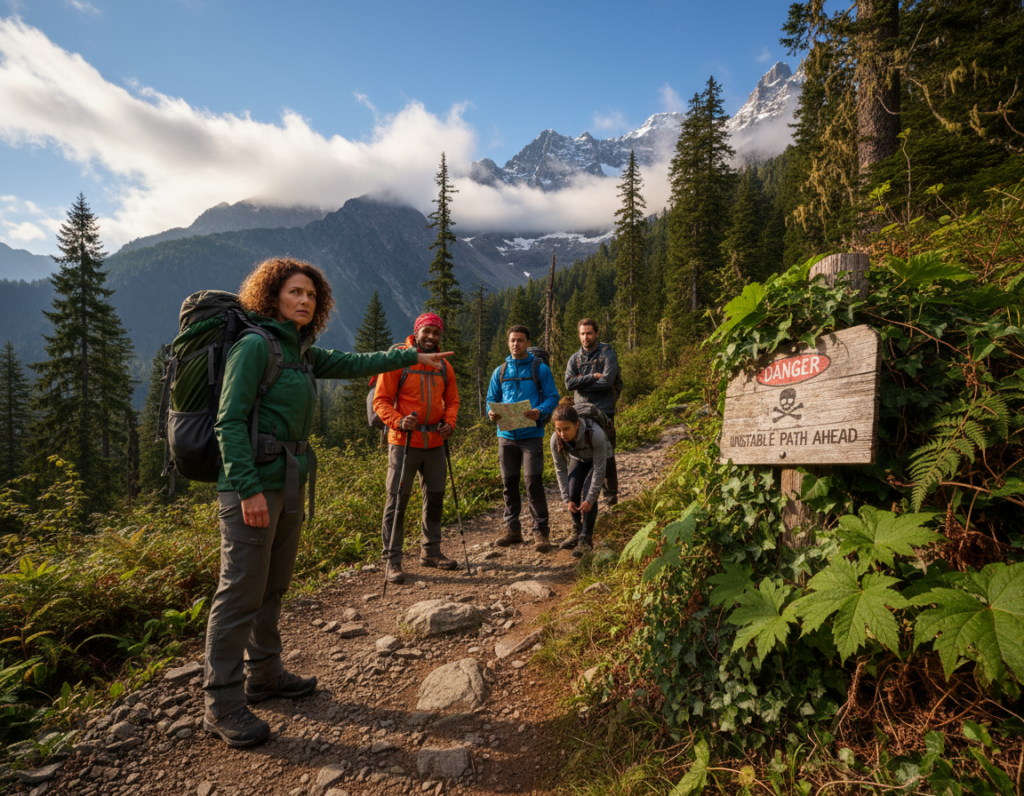 A group of diverse hikers, wearing practical yet stylish outdoor clothing, stands on a rugged hiking trail surrounded by majestic mountains and lush greenery. In the foreground, one hiker, a middle-aged woman with a backpack, gestures toward a warning sign partially hidden by overgrown foliage, displaying a skeptical expression. In the middle ground, two men discuss the trail ahead, one pointing confidently as the other looks doubtful, embodying the theme of overconfidence. The background features a stunning vista of dramatic peaks under a bright blue sky with fluffy white clouds, creating a serene yet tense atmosphere. The scene is illuminated by warm, late afternoon sunlight, casting long shadows and emphasizing the hikers' expressions, captured with a slightly low-angle perspective to enhance a sense of grandeur and seriousness in their encounter with nature's warnings.