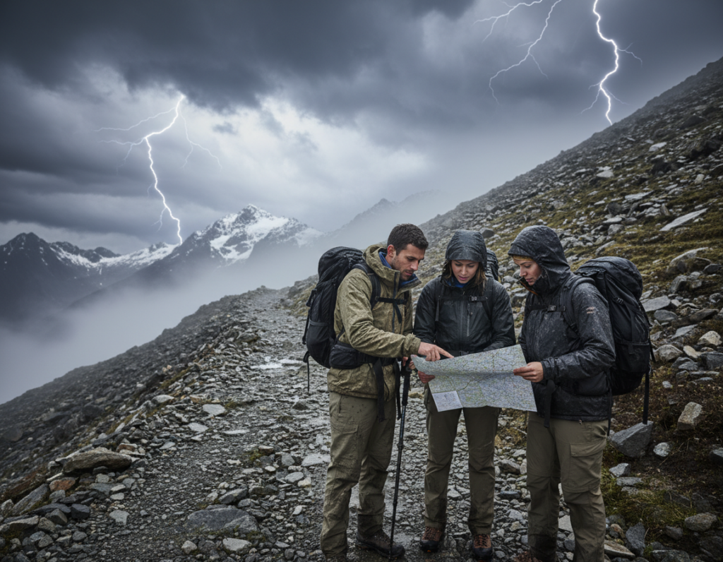 A rugged outdoor scene showcasing hikers navigating challenging weather and terrain. In the foreground, a diverse group of three hikers, dressed in practical outdoor gear and backpacks, are closely examining a map, their expressions focused and determined. The middle ground reveals a rocky path with patches of mud and scattered stones, leading up a steep, foggy hill. In the background, dark storm clouds gather overhead, with flashes of lightning illuminating distant mountain peaks. The lighting creates a dramatic contrast, highlighting the hikers while casting shadows on the terrain. The atmosphere conveys tension and urgency, emphasizing the importance of a solid exit strategy in unpredictable weather. The image captures the raw essence of adventure, resilience, and the natural environment.