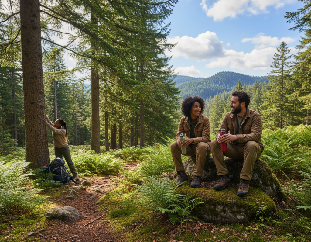 A serene forest scene depicting a group of diverse hikers on a break during a trail hike. In the foreground, two hikers in comfortable outdoor attire, sitting on a large rock, sipping water and sharing smiles, embodying a sense of camaraderie. The middle ground features a vibrant green trail winding through tall pine trees, with scattered sunlight filtering through the leaves, creating a dappled effect on the ground. In the background, gentle hills rise under a clear blue sky dotted with fluffy white clouds. Soft natural lighting enhances the tranquil atmosphere, inviting a sense of peaceful reflection and rejuvenation. The overall mood captures the essence of taking a restorative break in nature, highlighting the importance of pausing to recharge during a hike. Ensure the scene conveys authenticity and connection with the natural environment.