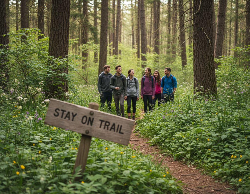 A serene forest trail, lush with vibrant greenery, framed by tall, sturdy trees and delicate wildflowers. In the foreground, a clearly marked "Stay on Trail" sign made of weathered wood leans slightly, urging hikers to follow the path. In the middle ground, a diverse group of hikers dressed in modest casual clothing, engaged in conversation and laughter, respectfully walking along the trail. In the background, sunlight filters through the leaves, creating dappled patterns on the forest floor and enhancing the tranquil atmosphere. The overall mood is one of adventure and harmony with nature, as the hikers embody respect for the natural environment. Shot with a soft focus lens to evoke warmth and connection to the surrounding landscape.