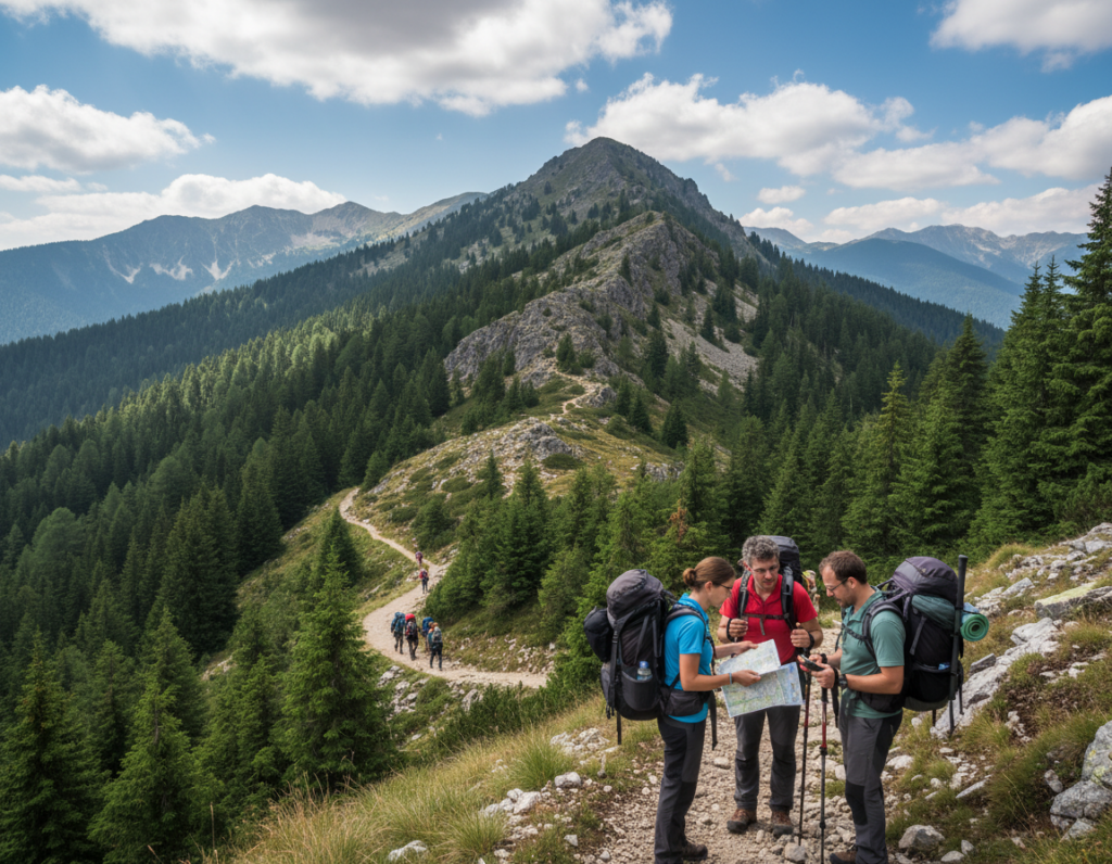 A serene mountain landscape with a winding hiking trail cutting through lush green forests and rocky terrain, showcasing hikers equipped with backpacks and walking sticks. In the foreground, a group of three hikers is using a handheld GPS device and a map, deep in discussion about their planned route. The middle ground consists of a steep elevation rising sharply, illustrating the challenging ascent. In the background, majestic peaks under a bright blue sky with fluffy white clouds symbolize adventure. Soft, natural lighting highlights the vibrant colors of the scene, casting gentle shadows. The overall mood is focused yet exploratory, capturing the essence of preparation and awareness necessary for hiking in varied terrain.